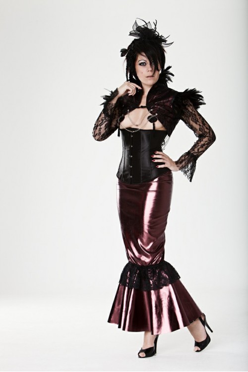 floor-length vinyl skirt with lace,Burgundy color