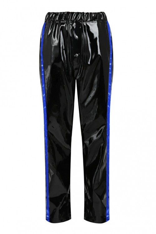 Vinyl jogging pants with blue side stripes for him