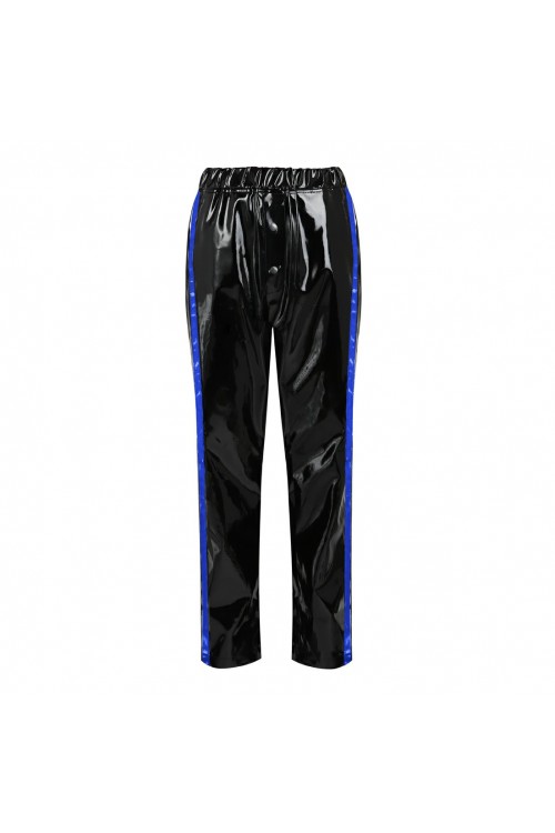 Vinyl jogging pants with blue side stripes for him