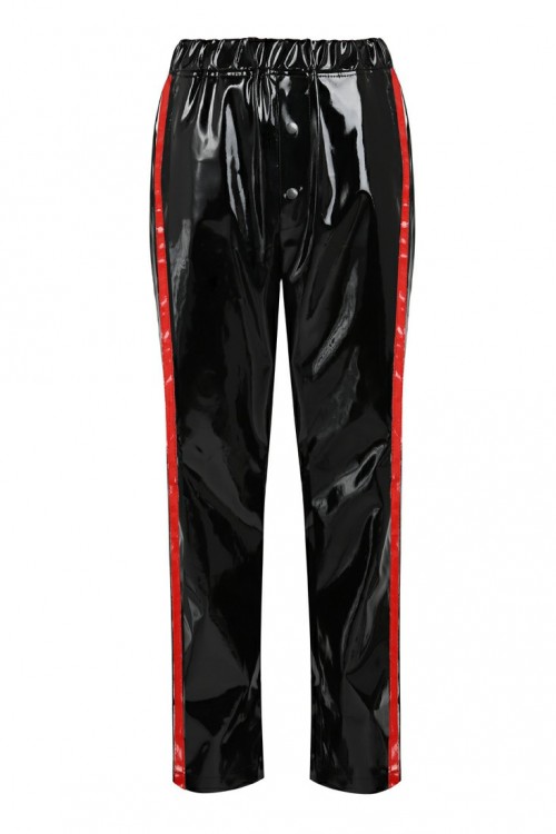 Vinyl jogging pants with red side stripes for him