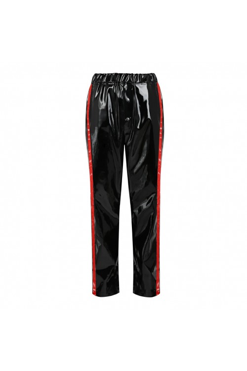 Vinyl jogging pants with red side stripes for him