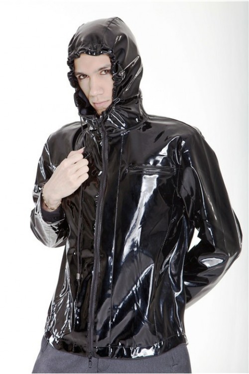 patent leather hooded jacket for him, black