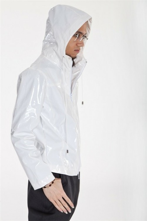 patent leather hooded jacket for him, white