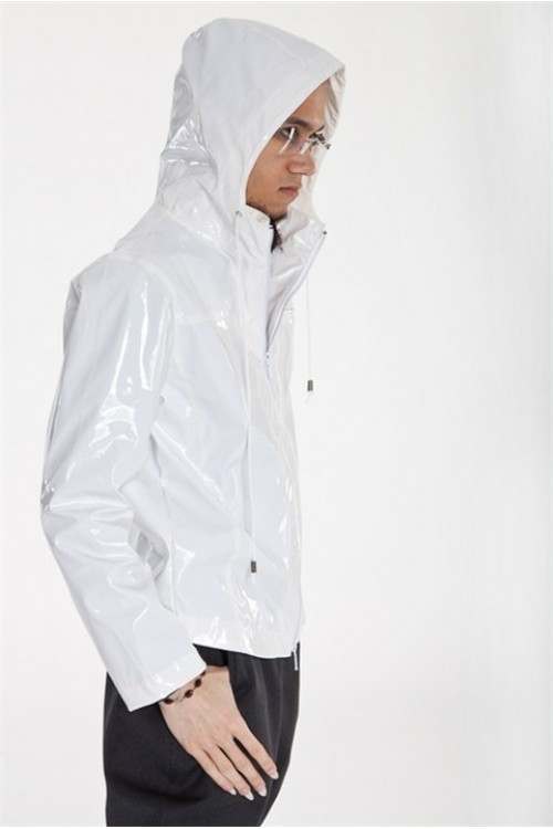 patent leather hooded jacket for him, white