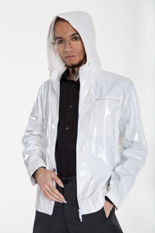 patent leather hooded jacket for him, blue