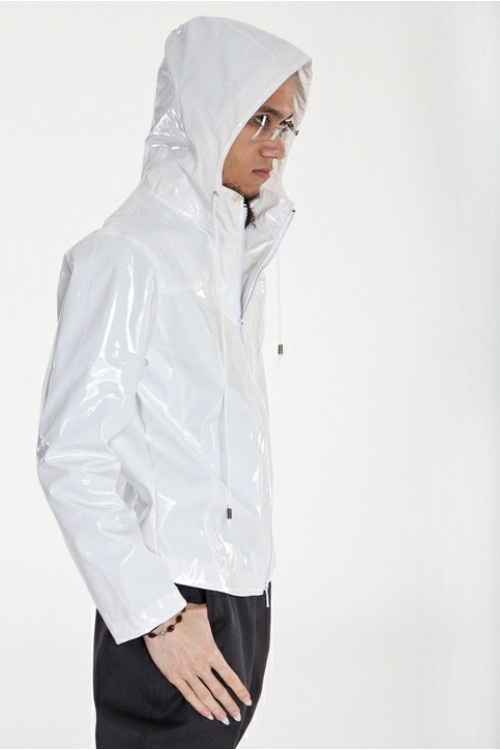 patent leather hooded jacket for him, blue