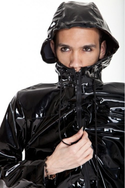 patent leather hooded jacket for him, black