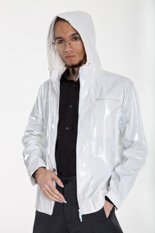 patent leather hooded jacket for him, black