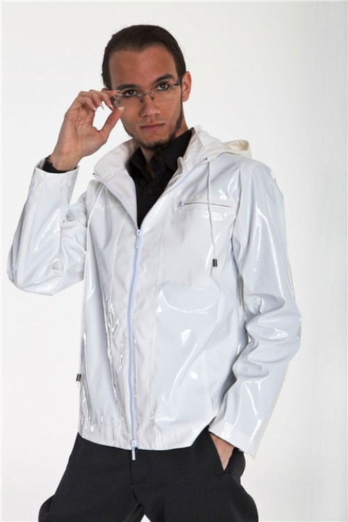 patent leather hooded jacket for him, white