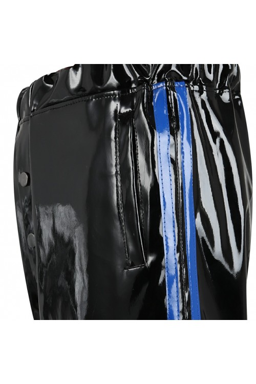 Vinyl jogging pants with blue side stripes for him