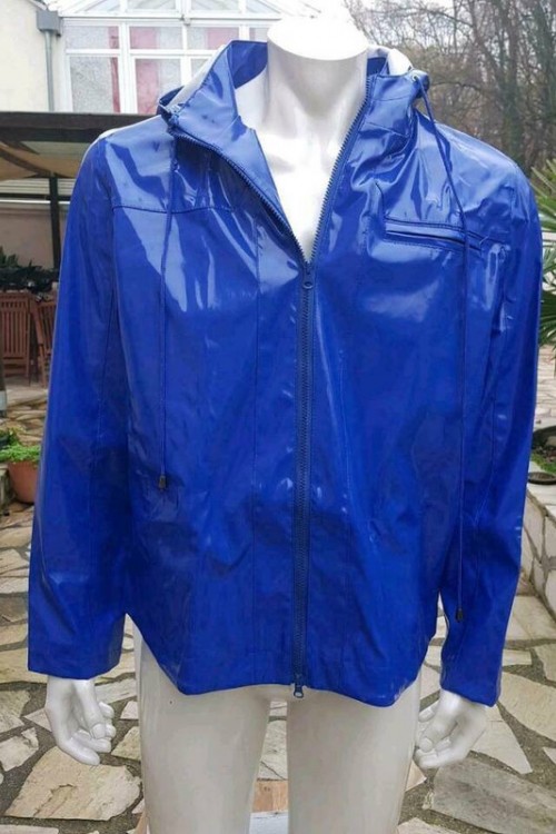 patent leather hooded jacket for him, blue