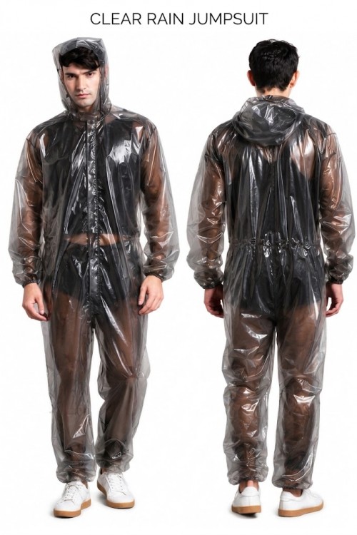Herren Transparenter Overall Ganzkörperanzug Rauchgrau PVC Regenanzug mit Kapuze