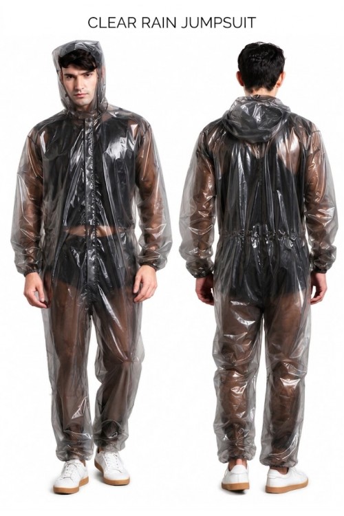 Herren Transparenter Overall Ganzkörperanzug Rauchgrau PVC Regenanzug mit Kapuze